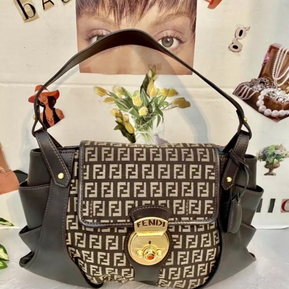 FENDI Brown Zucchino Canvas Leather Medium Borsa Tuc 💐 💐 💐